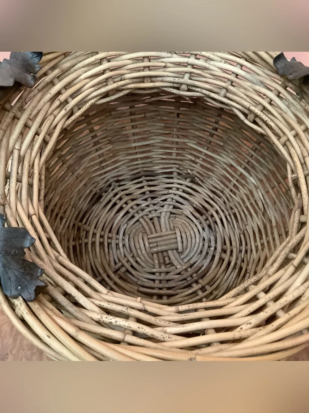 Vintage Handmade Wicker Basket, Wrought Iron Handle, Glass Rings & Oak Leaves